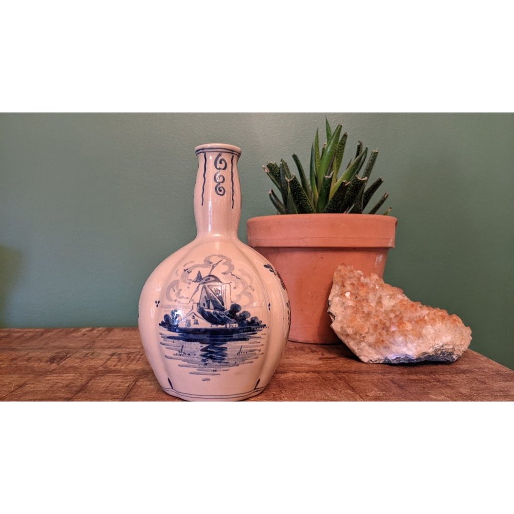 Vintage Delft Blue Vase Windmill Scene and Florals - Hand Painted, Holland